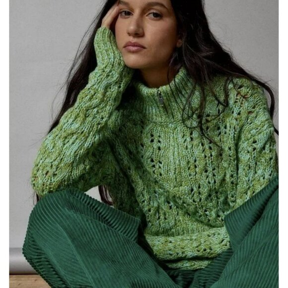 Urban Outfitters Sweaters - Urban Outfitters BDG Killian Quarter-Zip Pointelle Green Knit Sweater Sz Small